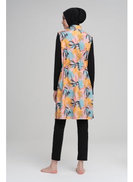 Nehar Pastel Palm Tree Patterned Black Vest 3 Piece Hijab Swimsuit Set 2207  - Image 4