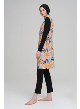 Nehar Pastel Palm Tree Patterned Black Vest 3 Piece Hijab Swimsuit Set 2207  - Image 3