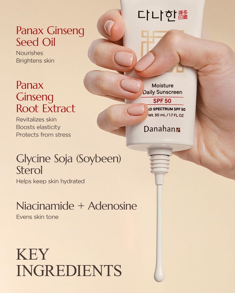 Danahan Moisture Daily Sunscreen SPF 50 Broad Spectrum â€“ No White Cast, Lightweight Korean Face Sunscreen | Hybrid UV Protection with Ginseng & Niacinamide, 1.7 oz - Image 4