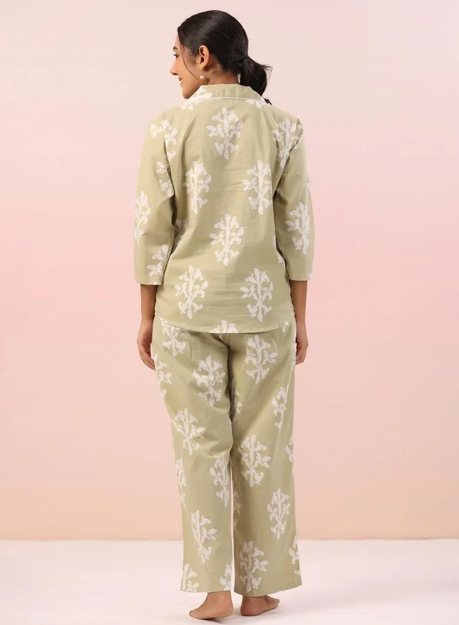 Sanskrutihomes Khaki Printed 3/4 Sleeves Shirt and Pants Pyjama Set
