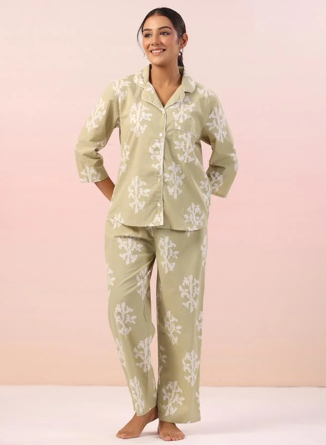 Sanskrutihomes Khaki Printed 3/4 Sleeves Shirt and Pants Pyjama Set
