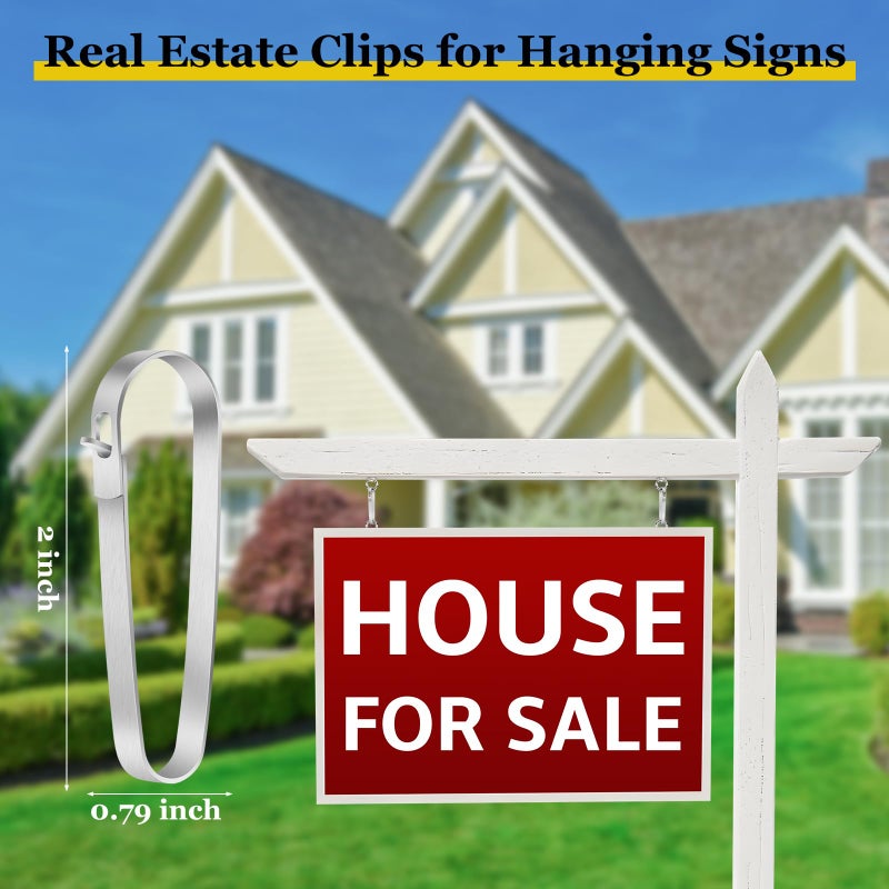 Daletu 16 PACKS Real Estate Sign Clips for Hanging Signs, Real Estate Sign Rider Clips, Metal Sign Clips to Hanging Sign Posts, Stainless Steel Fence Clips for Sale and Open House Signs - Image 2