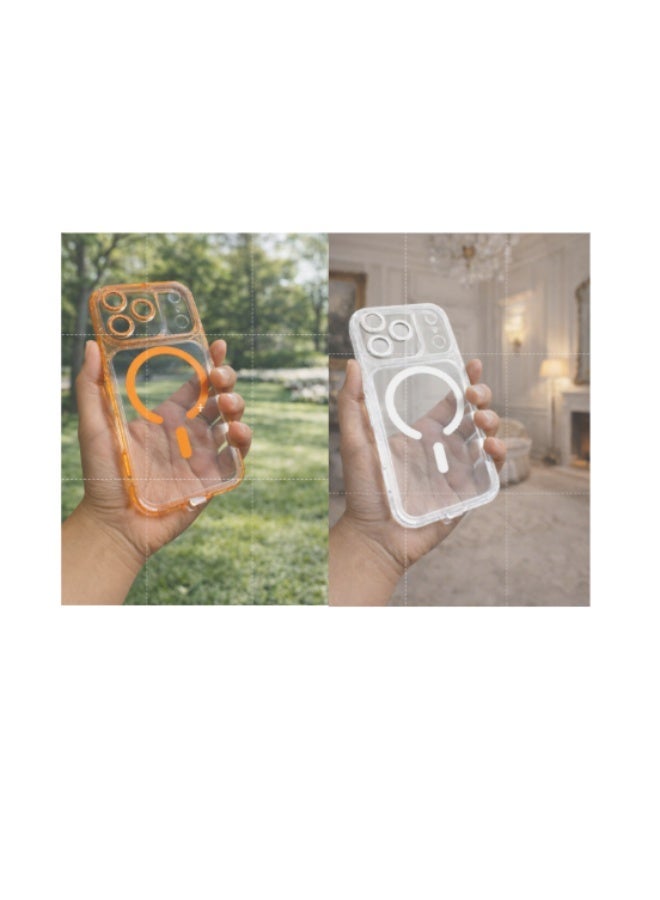 New Case Buy 1 Get 1 Free – iPhone 17 Pro Max Transparent Magnetic Case | Shockproof Clear Cover, MagSafe Compatible Ring & Slim Design (Silver & Orange) - Image 1