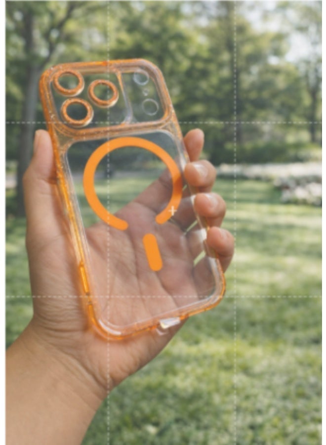 New Case Buy 1 Get 1 Free – iPhone 17 Pro Max Transparent Magnetic Case | Shockproof Clear Cover, MagSafe Compatible Ring & Slim Design (Silver & Orange) - Image 3