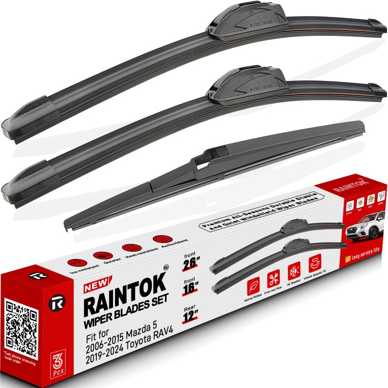 RAINTOK Windshield Wiper Blades Replacement for 2019 2020 2021 2022 2023 Toyota RAV4 Original Factory Quality Front Rear Wipers Blade Set for My Car 26 16 12 Pack of 3 - Image 2