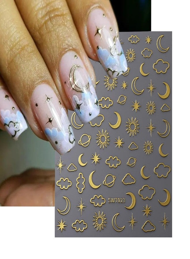 YKZFUI 8 Sheets Moon Star Nail Stickers 3D Self-Adhesive Art Decal Sun Design Laser Gold Metallic Supplies for Women Girls DIY Acrylic Nails Decoration - Image 2