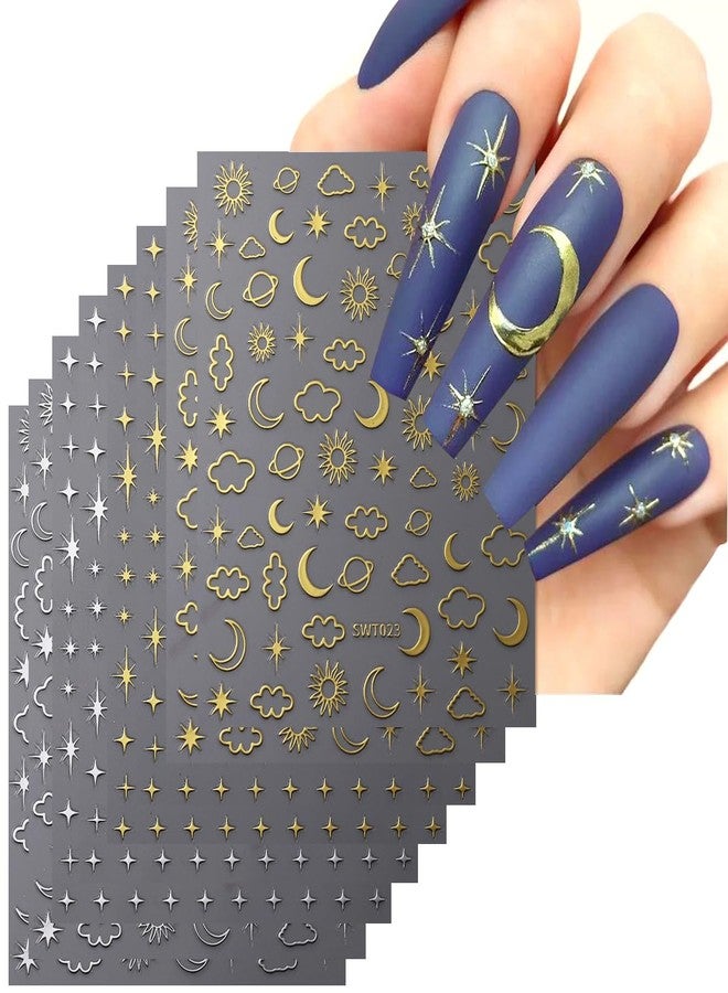 YKZFUI 8 Sheets Moon Star Nail Stickers 3D Self-Adhesive Art Decal Sun Design Laser Gold Metallic Supplies for Women Girls DIY Acrylic Nails Decoration - Image 1
