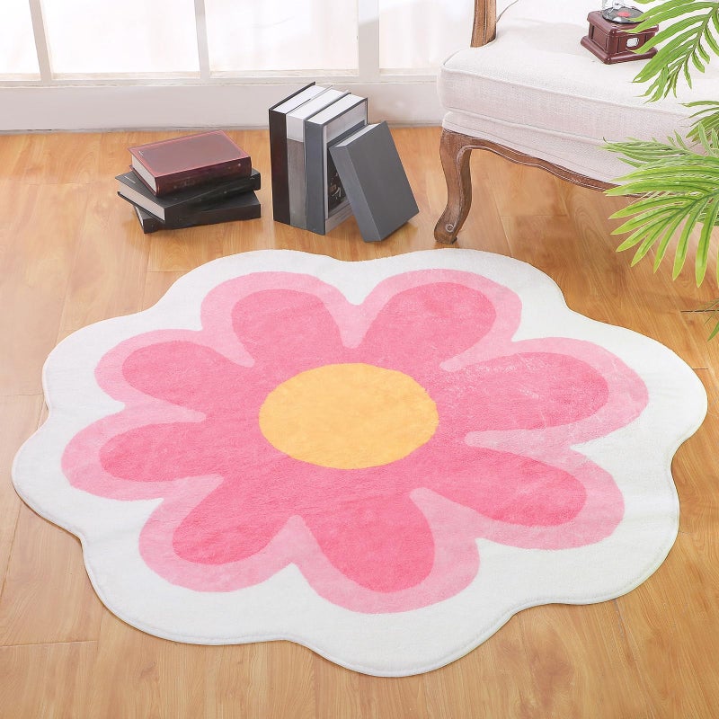 Tinideya Aesthetic Cute Flower Round Area Rug Non Slip Circle Soft Fluffy Flower Rug Indoor Floor Mat Carpet for Girls Bedroom Bathroom Living Room Sofa Nursery DecorPink 4 ft