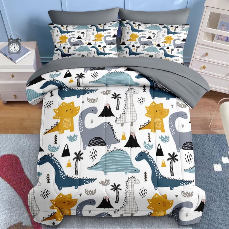 Nesker 7 Pcs Comforter Set Full Size, Cute Dinosaur Dino Bedding for Kids Teen, Blue Yellow Dragon with Fitted Sheet 2 Pillowcases & 2 Shams for Bedroom Bed DÃ©cor - Image 3