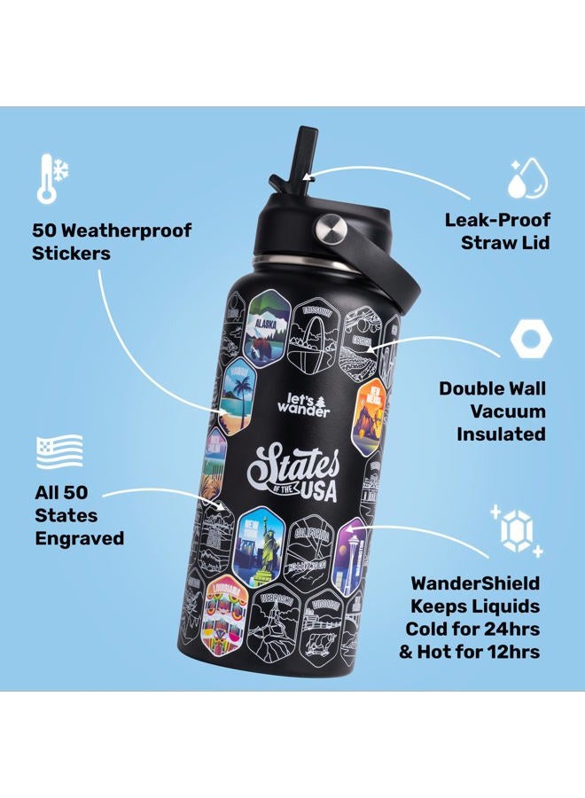 LET'S WANDER Original Lets Wander 50 States Water Bottle with Waterproof Stickers - 32oz Leakproof Insulated Stainless Steel with Straw - 50 States of the USA Bucket List [BLACK] - Image 3