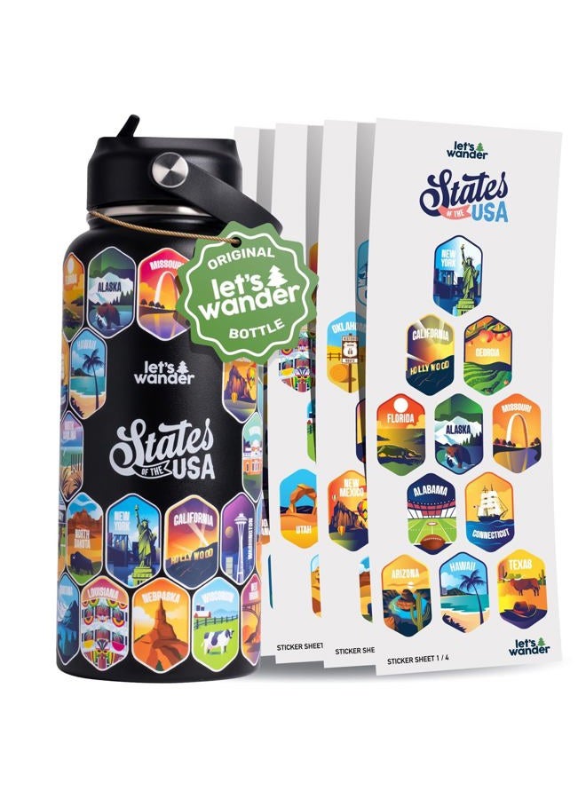 LET'S WANDER Original Lets Wander 50 States Water Bottle with Waterproof Stickers - 32oz Leakproof Insulated Stainless Steel with Straw - 50 States of the USA Bucket List [BLACK] - Image 1