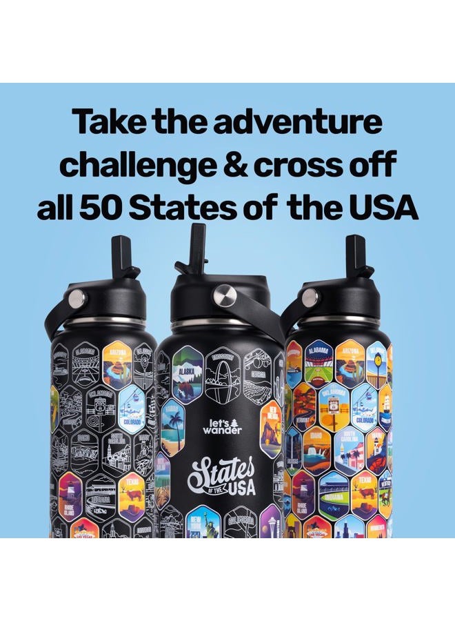 LET'S WANDER Original Lets Wander 50 States Water Bottle with Waterproof Stickers - 32oz Leakproof Insulated Stainless Steel with Straw - 50 States of the USA Bucket List [BLACK] - Image 4