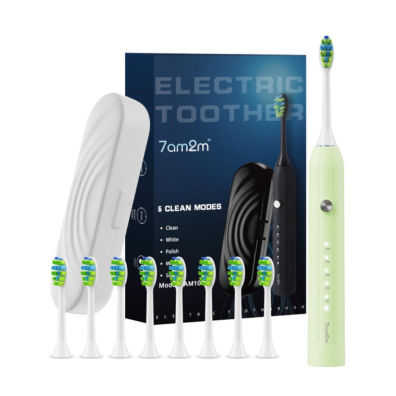 7AM2M Sonic Electric Toothbrush for Adults and Kids with 8 Brush Heads and Travel Case5 Modes with 2 Minutes Build in Smart Timer One Charge Use for 90 Days Rechargeable Toothbrushes Light Green