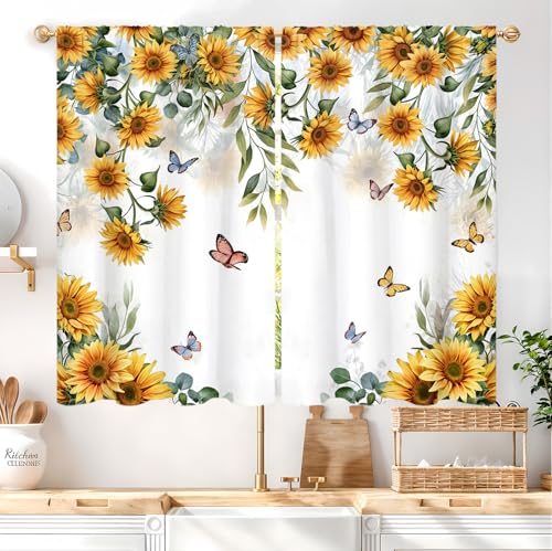 Famiffty Yellow Sunflower Country Kitchen Curtain 27.5W X 39L Inch 2 Panel Rod Pocket Rustic Floral Flower Butterfly Farmhouse Over Sink Set Small Short Cafe Tier Window Drapes Bathroom Home Decor - Image 1