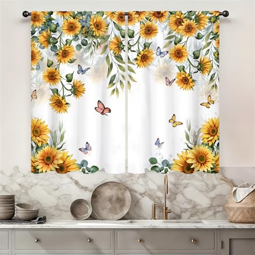 Famiffty Yellow Sunflower Country Kitchen Curtain 27.5W X 39L Inch 2 Panel Rod Pocket Rustic Floral Flower Butterfly Farmhouse Over Sink Set Small Short Cafe Tier Window Drapes Bathroom Home Decor - Image 2