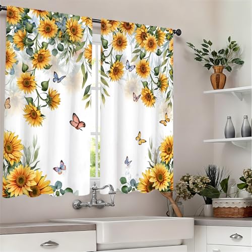 Famiffty Yellow Sunflower Country Kitchen Curtain 27.5W X 39L Inch 2 Panel Rod Pocket Rustic Floral Flower Butterfly Farmhouse Over Sink Set Small Short Cafe Tier Window Drapes Bathroom Home Decor - Image 3