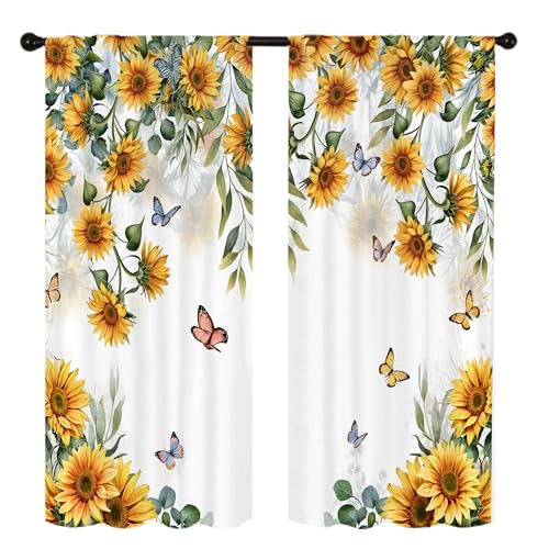 Famiffty Yellow Sunflower Country Kitchen Curtain 27.5W X 39L Inch 2 Panel Rod Pocket Rustic Floral Flower Butterfly Farmhouse Over Sink Set Small Short Cafe Tier Window Drapes Bathroom Home Decor - Image 4