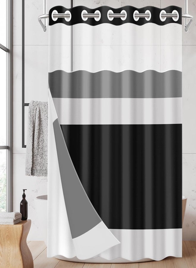 Nesphy No Hook Black Stripes Shower Curtain with Snap in Fabric Liner Set, Modern Geometric Gray Double Layers Waterproof Fabric with See Through Top Window Bath Curtain 71x74 Inch - Image 1
