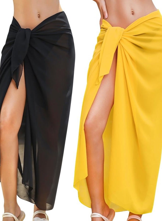 Rossopesca Womens Beach Sarong Chiffon Swimsuit Coverups Sheer Bikini Wraps for Swimwear Bathing Suit Cover Up, Black & Yellow, One size - Image 1