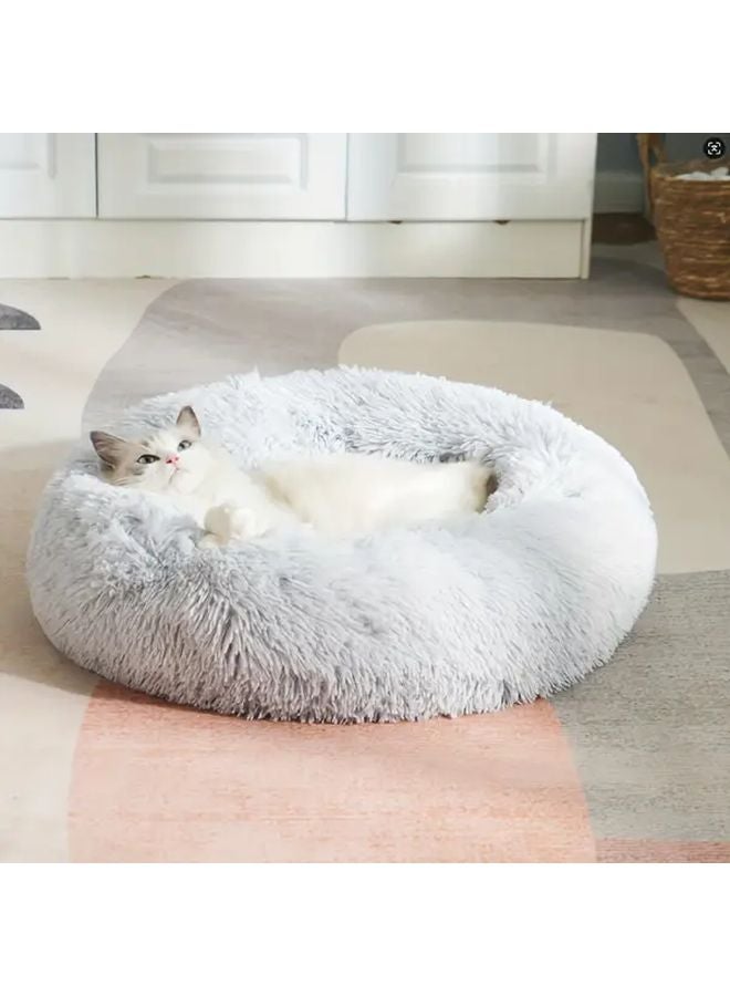 Gray Pet Round Bed Super Soft Plush Cushion Durable Fiber No Assembly Required - Image 1