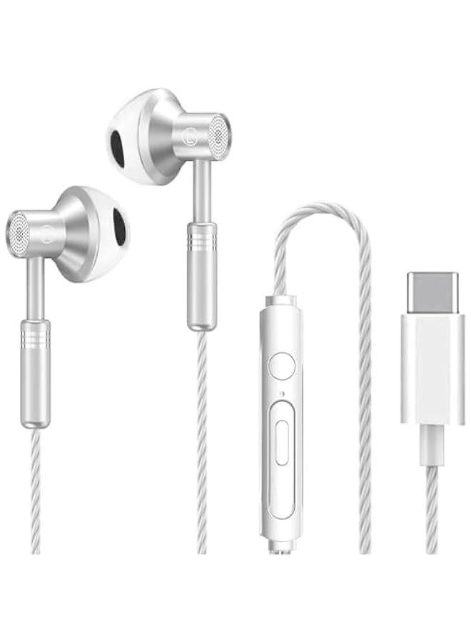 Type C Headphone, USB C Headphones Wired for iPhone 16 15, Earbuds Headphones Earphones Wired with Microphone & Volume Control Noise Cancelling for Galaxy S24/23/S22/S21, Note10/20 (Silver) - Image 1