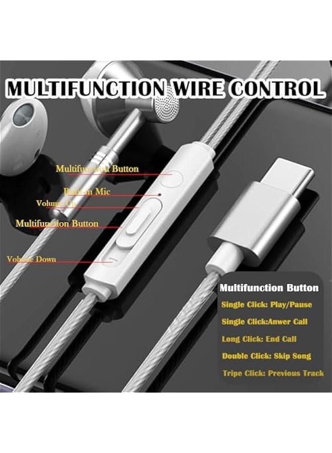 Type C Headphone, USB C Headphones Wired for iPhone 16 15, Earbuds Headphones Earphones Wired with Microphone & Volume Control Noise Cancelling for Galaxy S24/23/S22/S21, Note10/20 (Silver) - Image 2