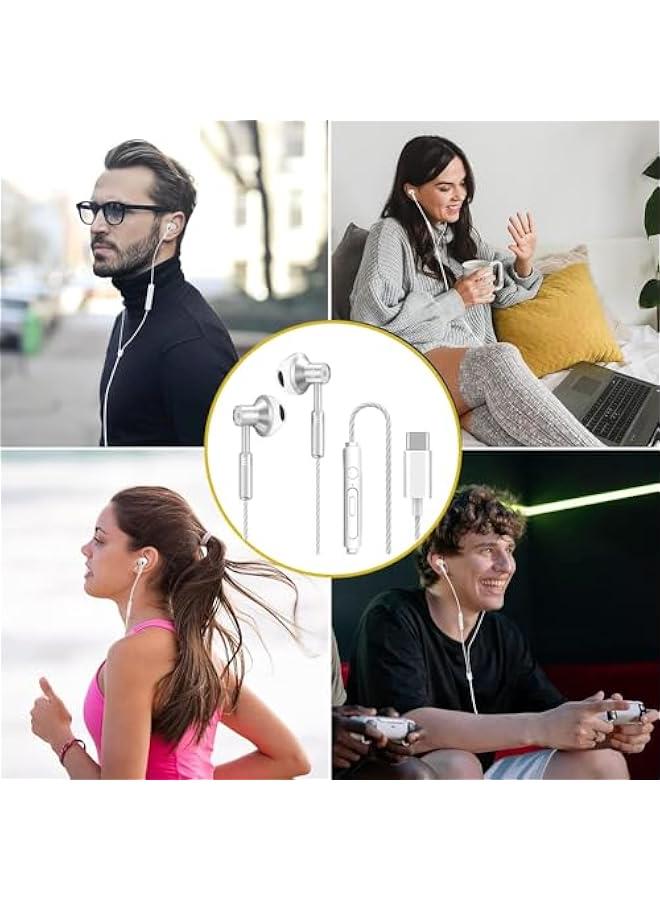 Type C Headphone, USB C Headphones Wired for iPhone 16 15, Earbuds Headphones Earphones Wired with Microphone & Volume Control Noise Cancelling for Galaxy S24/23/S22/S21, Note10/20 (Silver) - Image 5