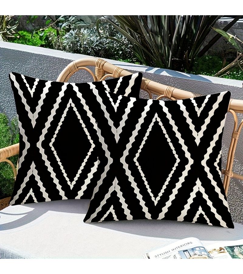 Set Of 2 Double Sided 16x16 Inch Bohemian Throw Pillows With Black And White Geometric Herringbone Pattern For Indoor And Outdoor Decorative Use - Image 1