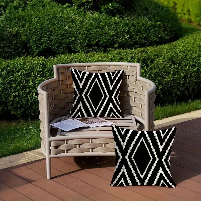 Set Of 2 Double Sided 16x16 Inch Bohemian Throw Pillows With Black And White Geometric Herringbone Pattern For Indoor And Outdoor Decorative Use - Image 4