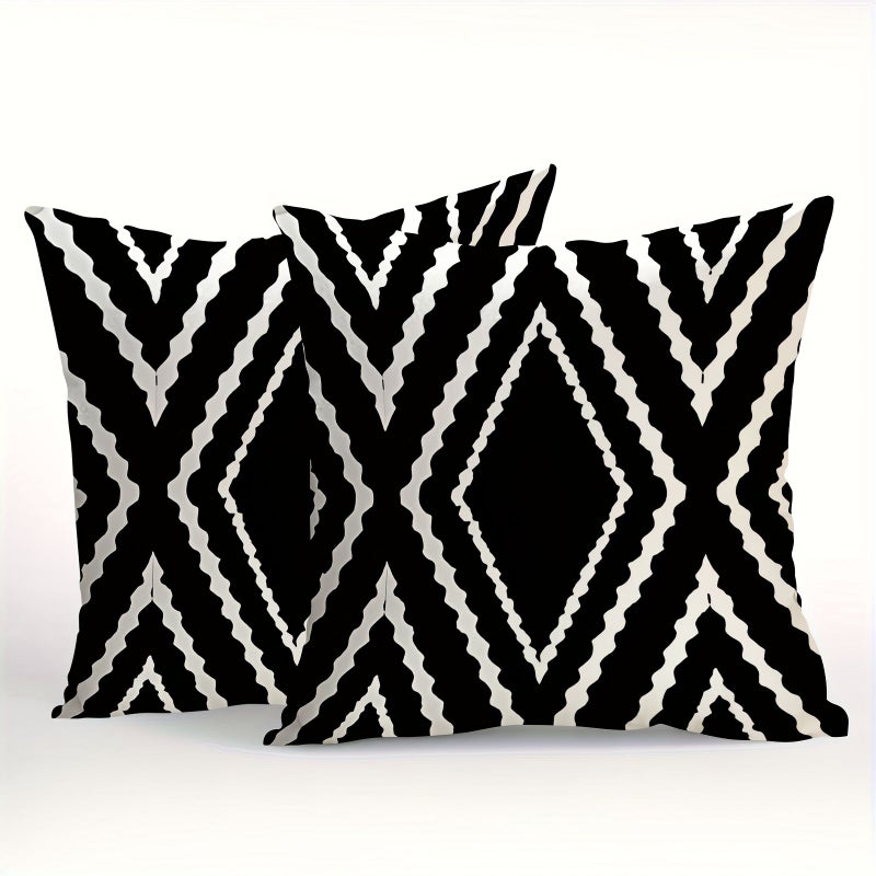 Set Of 2 Double Sided 16x16 Inch Bohemian Throw Pillows With Black And White Geometric Herringbone Pattern For Indoor And Outdoor Decorative Use - Image 5