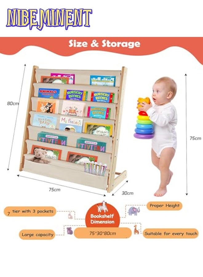 NIBEMINENT Kids Bookshelf, Magazine Organizer with Deep Pocket, 7-Tier Natural Wood Baby Bookcase, Book Display, Toy Storage, for Playroom, Bedroom, Toddler Room, Nursery - Image 2