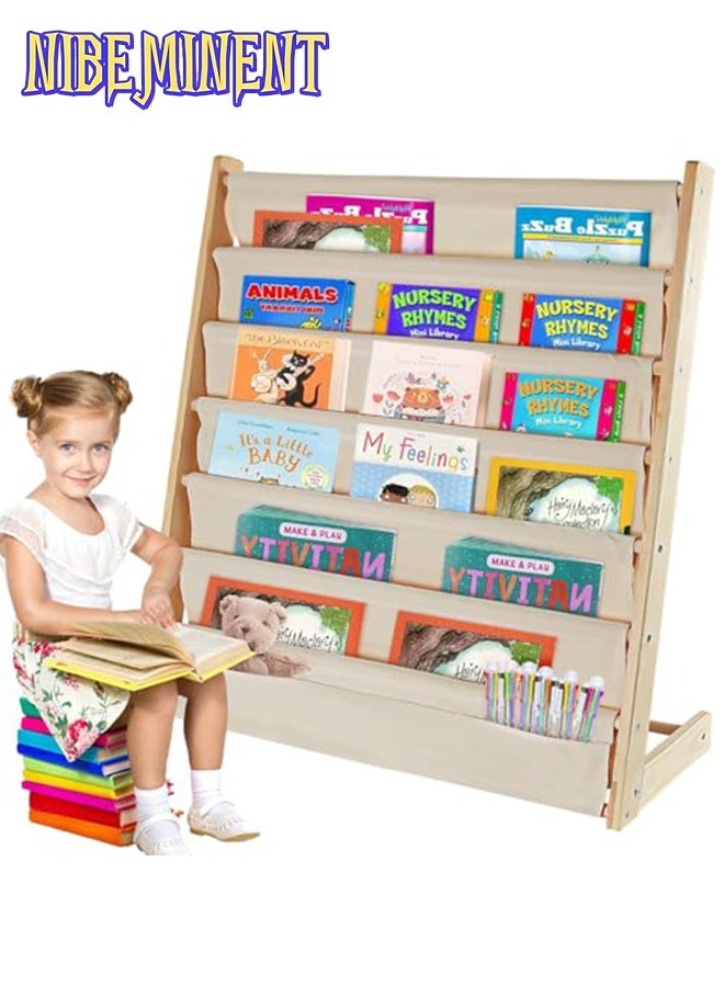 NIBEMINENT Kids Bookshelf, Magazine Organizer with Deep Pocket, 7-Tier Natural Wood Baby Bookcase, Book Display, Toy Storage, for Playroom, Bedroom, Toddler Room, Nursery - Image 1