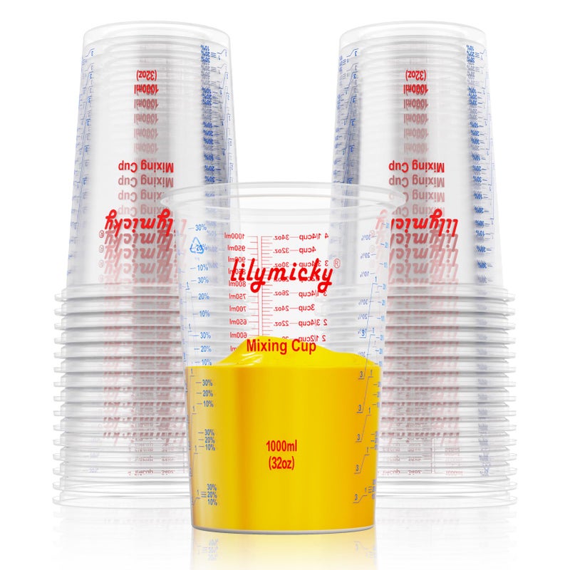 Lilymicky 25 PACK Plastic Measuring Cups, 32 oz Disposable Mixing Cups for Epoxy Resin, Paint Mixing, Art DIY - Image 1