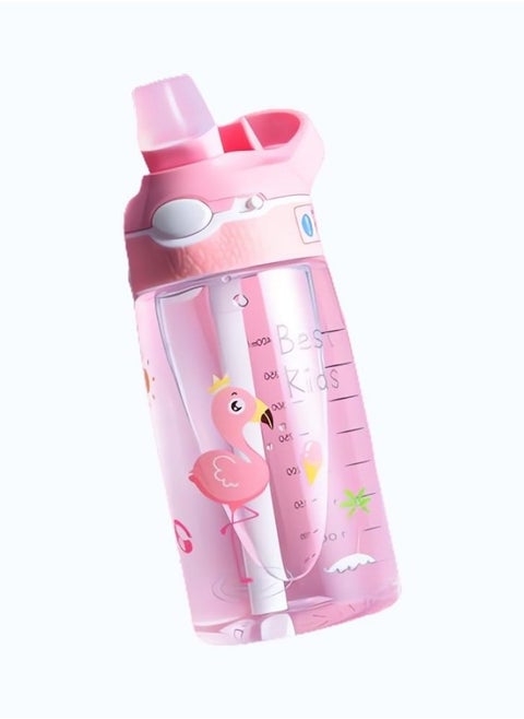 Kids Water Bottle with Straw Lid Reusable Durable Plastic Spout Cover and Built-in Carrying Loop, Big Bite Valve,  Pink 480ml