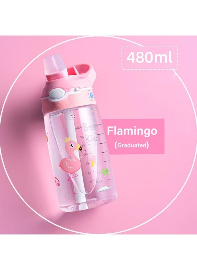 GGEROU - Kids Water Bottle with Straw Lid Reusable Durable Plastic Spout Cover and Built-in Carrying Loop, Big Bite Valve,  Pink 480ml - Image 1