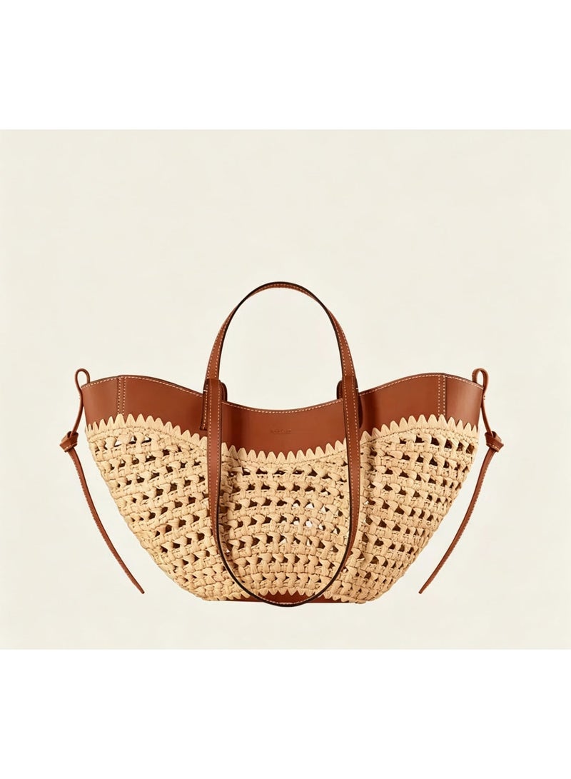 Polène Cyme small Cognac Raffia Woven Bag, Daily Commuter Hand & Shoulder Bag - Image 1