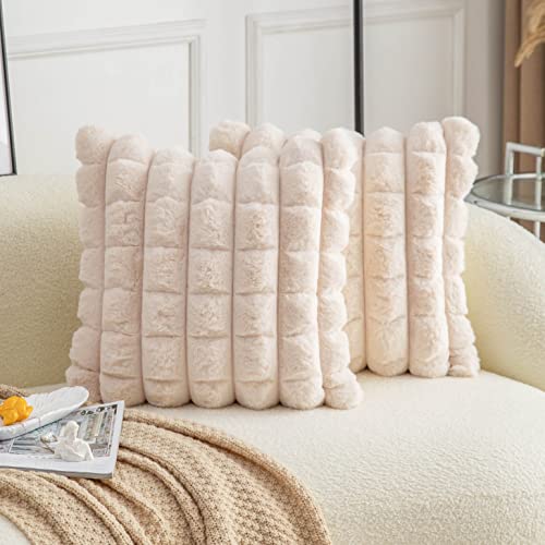 Neelvin Beige Faux Fur Cozy Soft Plaid Decorative Throw Pillow Covers 16x16 inch Set of 2Velvet Pillowcase Cushion Case for Sofa Couch - Image 1