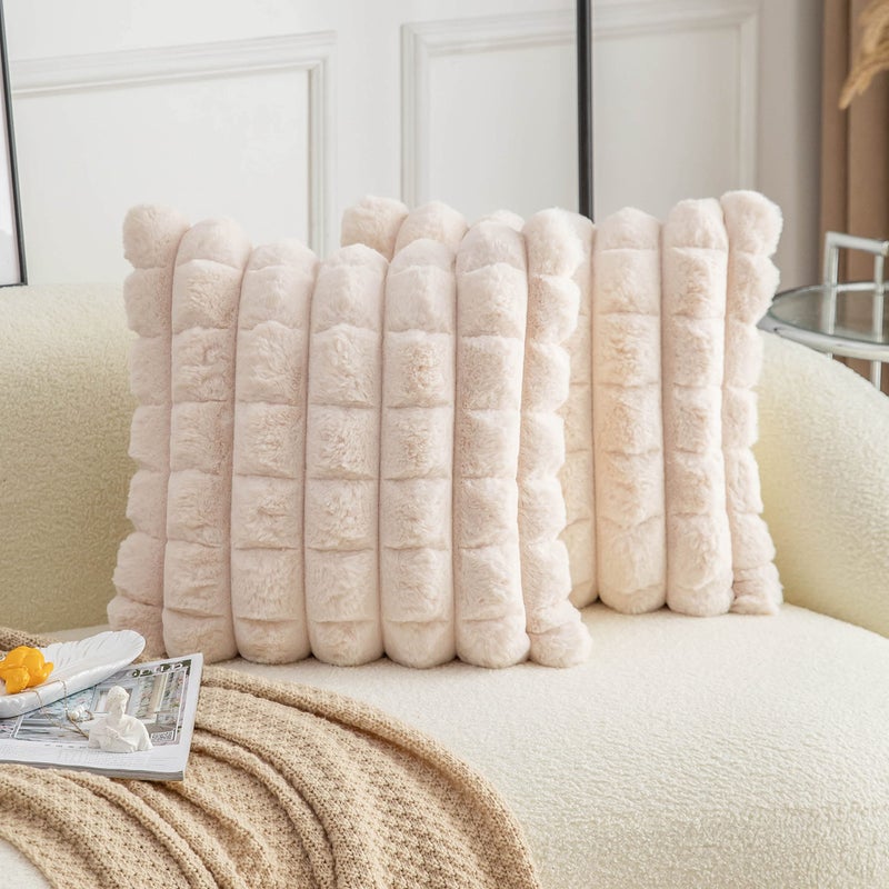 Neelvin Beige Faux Fur Cozy Soft Plaid Decorative Throw Pillow Covers 16x16 inch Set of 2Velvet Pillowcase Cushion Case for Sofa Couch - Image 2