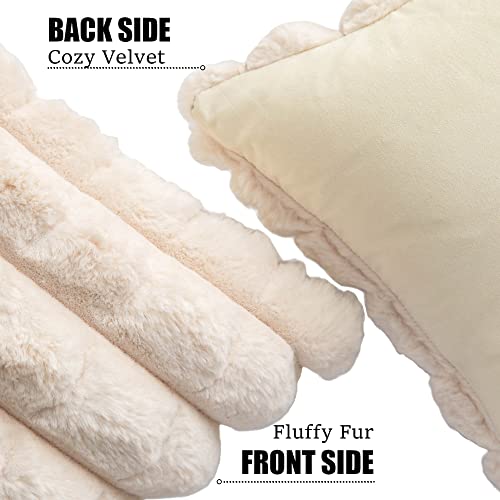 Neelvin Beige Faux Fur Cozy Soft Plaid Decorative Throw Pillow Covers 16x16 inch Set of 2Velvet Pillowcase Cushion Case for Sofa Couch - Image 3