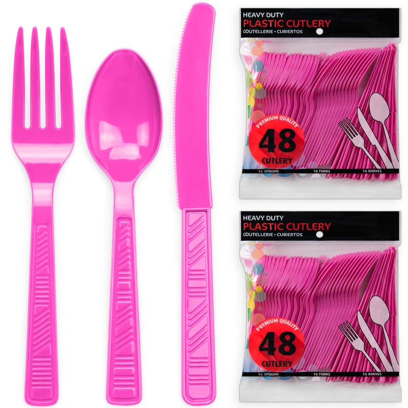 DecorRack Plastic Cutlery Set  Fuchsia Pink Colored Plastic Silverware Sets for Parties  96 Piece Bulk Heavy Duty Utensils (Fuchsia Pink  96 Pieces) - Image 2