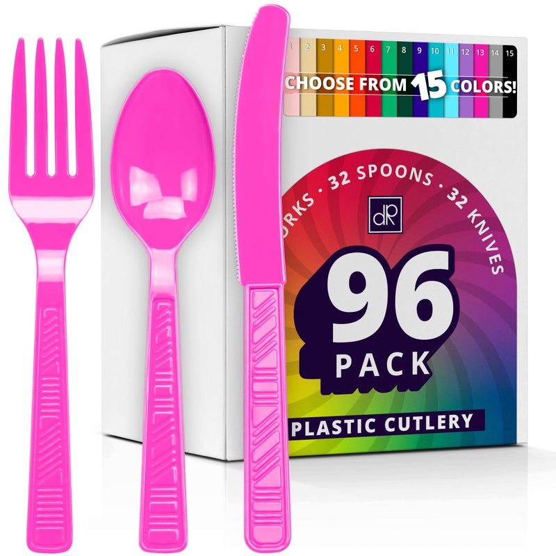 DecorRack Plastic Cutlery Set  Fuchsia Pink Colored Plastic Silverware Sets for Parties  96 Piece Bulk Heavy Duty Utensils (Fuchsia Pink  96 Pieces) - Image 1
