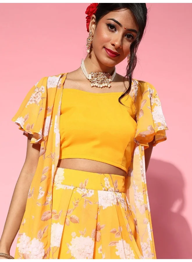 أيه كيه إس Floral Printed Crop Top With Palazzos & Shrug