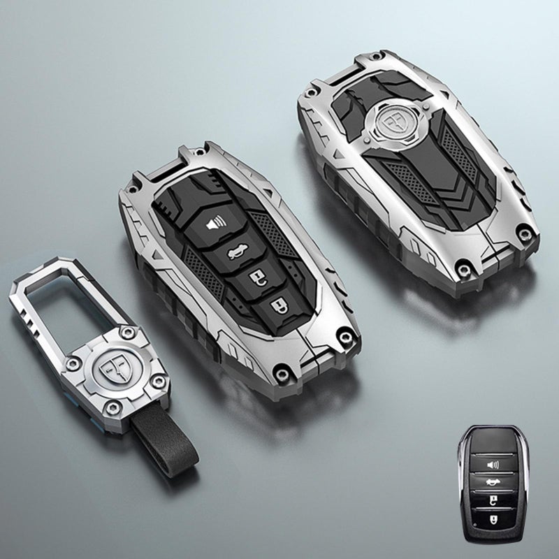 Aoocar Mech Style Heavy Metal Key Fob Cover, Compatible with Toyota Tundra 2022 2023 2024 2025~, Fit for Corolla Cross Venza Sequoia etc, Zinc Alloy Key Case Protector (1 Pcs, E-Style, Silver) - Image 1