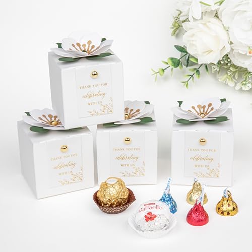 FEIYI 20 PCS Favor Boxes, 3 In 1 White Candy Boxes with Floral Decor, White Thank You Tags Gold Foil Print Gift wrapping for Wedding, Baby Shower, Birthday, Decorations Party - 2.55x2.55x2.55 - Image 4