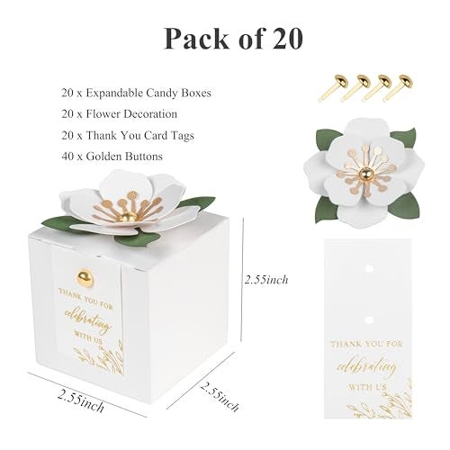 FEIYI 20 PCS Favor Boxes, 3 In 1 White Candy Boxes with Floral Decor, White Thank You Tags Gold Foil Print Gift wrapping for Wedding, Baby Shower, Birthday, Decorations Party - 2.55x2.55x2.55 - Image 2