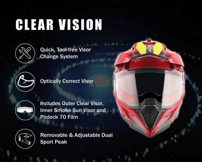 Axor X-Cross Orbit ISI ECE and DOT Certified Premium Off-Road Full Face Helmet with Pinlock Fitted Dual Visors and Stylish Peak-Red Black-M - Image 4