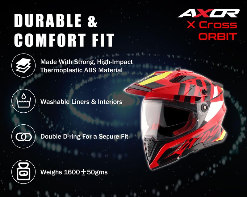 Axor X-Cross Orbit ISI ECE and DOT Certified Premium Off-Road Full Face Helmet with Pinlock Fitted Dual Visors and Stylish Peak-Red Black-M - Image 3