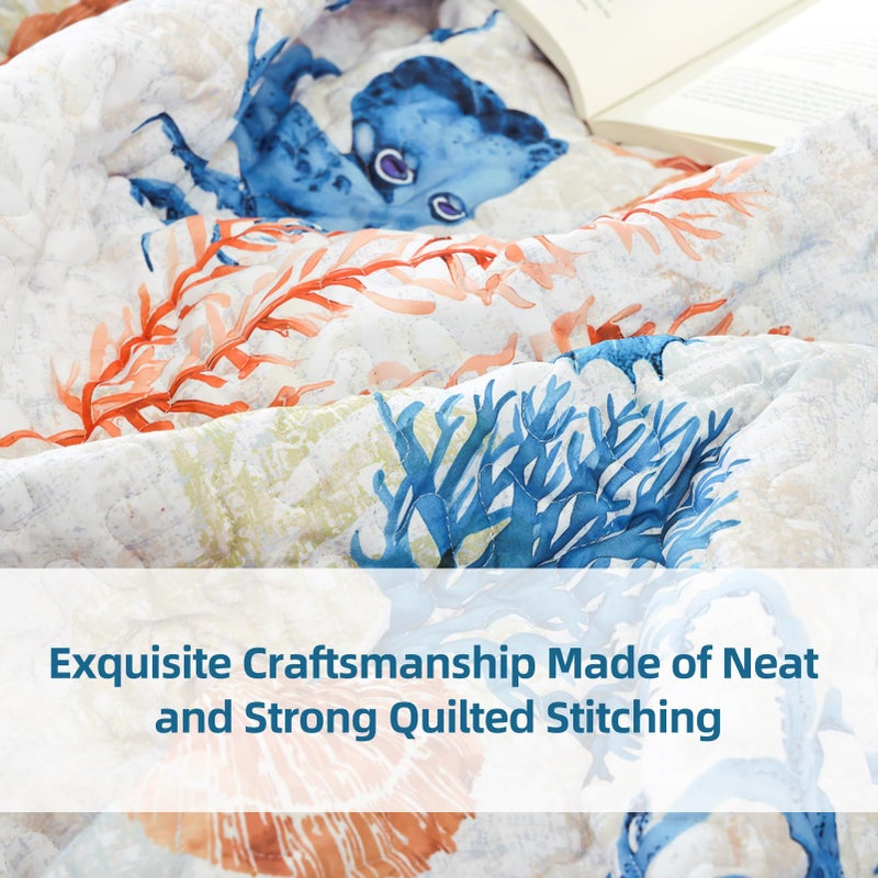 weigelia Coastal Quilts Bedding Set King Size - Summer Nautical Bedding Quilt with Pillow Cases, Beach Reversible Quilt Set Ocean Blue Seahorse Bedspreads Coverlet Soft Lightweight Comforter - Image 5