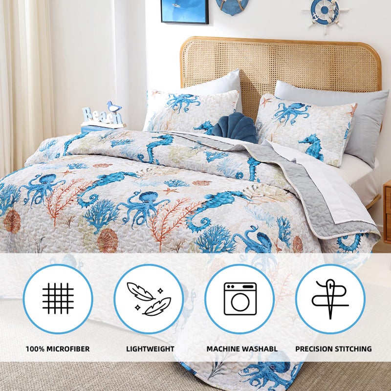 weigelia Coastal Quilts Bedding Set King Size - Summer Nautical Bedding Quilt with Pillow Cases, Beach Reversible Quilt Set Ocean Blue Seahorse Bedspreads Coverlet Soft Lightweight Comforter - Image 3