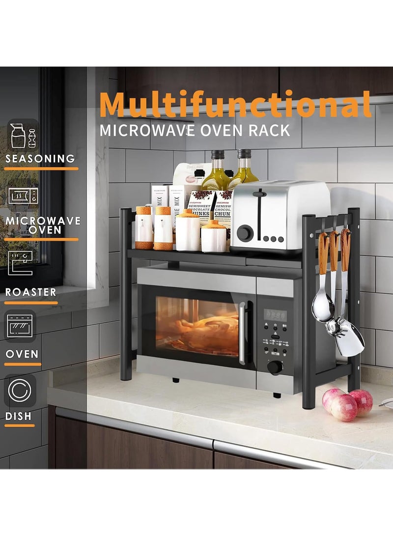 AUTOYSUR Microwave Stand, Microwave Oven Rack With 6 Hooks, Expandable Horizontal Extension Microwave Shelf, Kitchen Counter Organizer for Toaster Oven Rice Cooker - Image 2